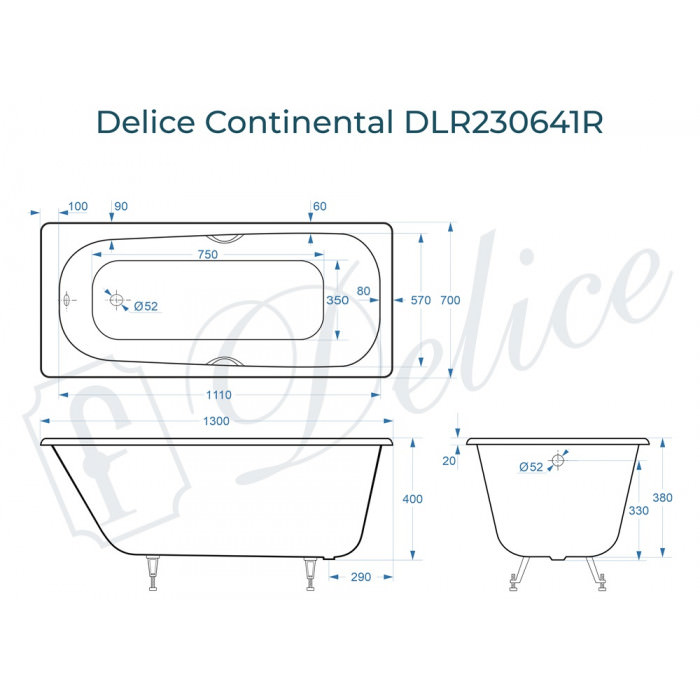 Ванна чугунная Delice Continental 130х70 с отверстиями под ручки DLR230641R в 100Kran: Широкий выбор и доступные цены.