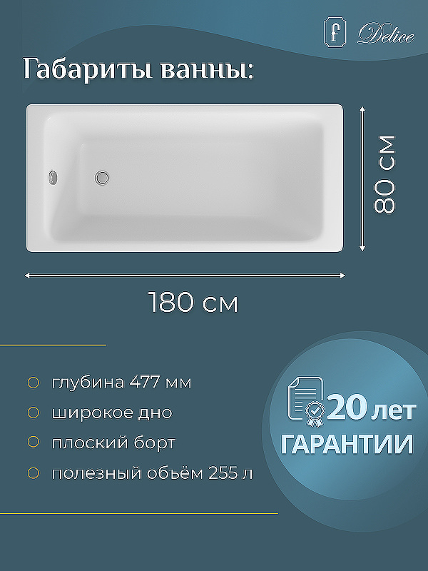 Чугунная ванна Delice Parallel 180x80 DLR220506 без антискользящего покрытия в 100Kran: Широкий выбор и доступные цены.