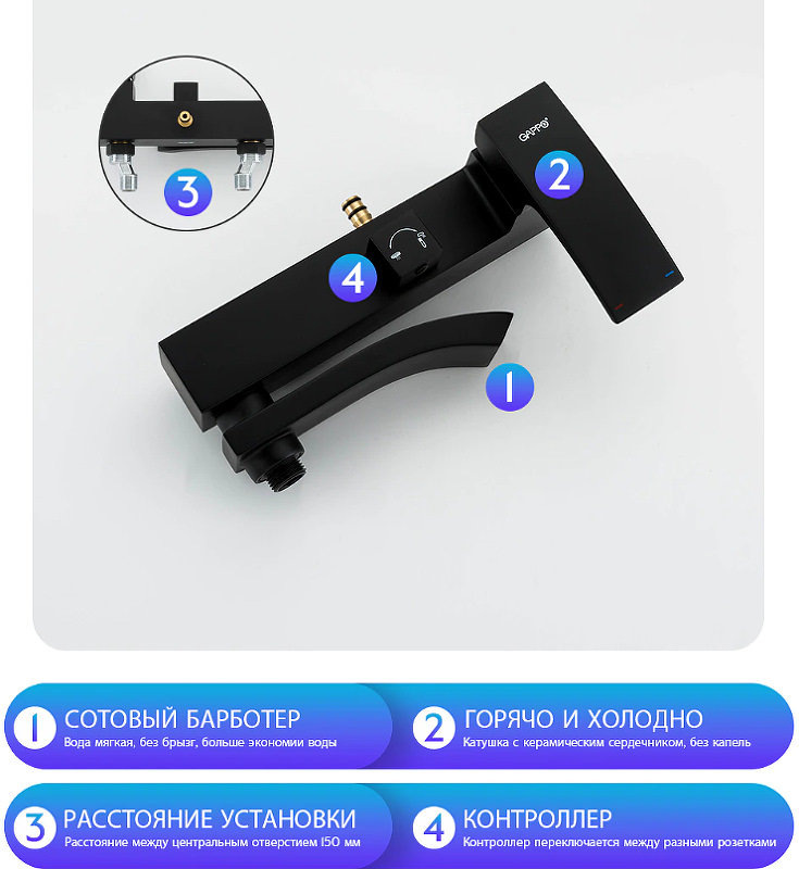 Душевая система с тропическим душем Gappo G07-6 G2407-6 черная матовая в 100Kran: Широкий выбор и доступные цены.