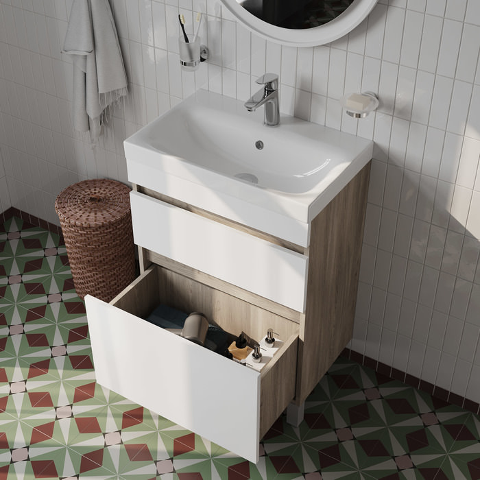 Тумба с раковиной напольная с ящиками 60 см белая/под дерево Zodiac IDDIS ZOD6ABFi95K в 100Kran: Широкий выбор и доступные цены.