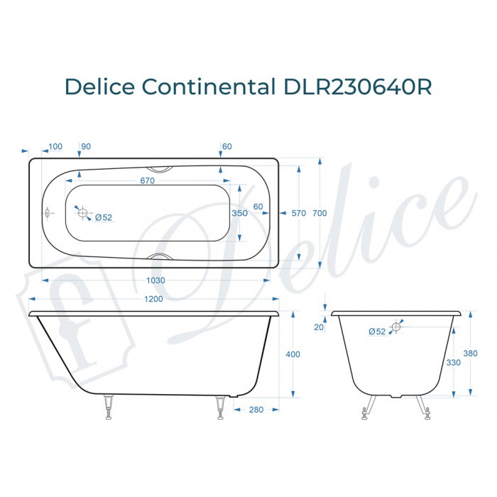 Ванна чугунная Delice Continental 120х70 с отверстиями под ручки DLR230640R в 100Kran: Широкий выбор и доступные цены.