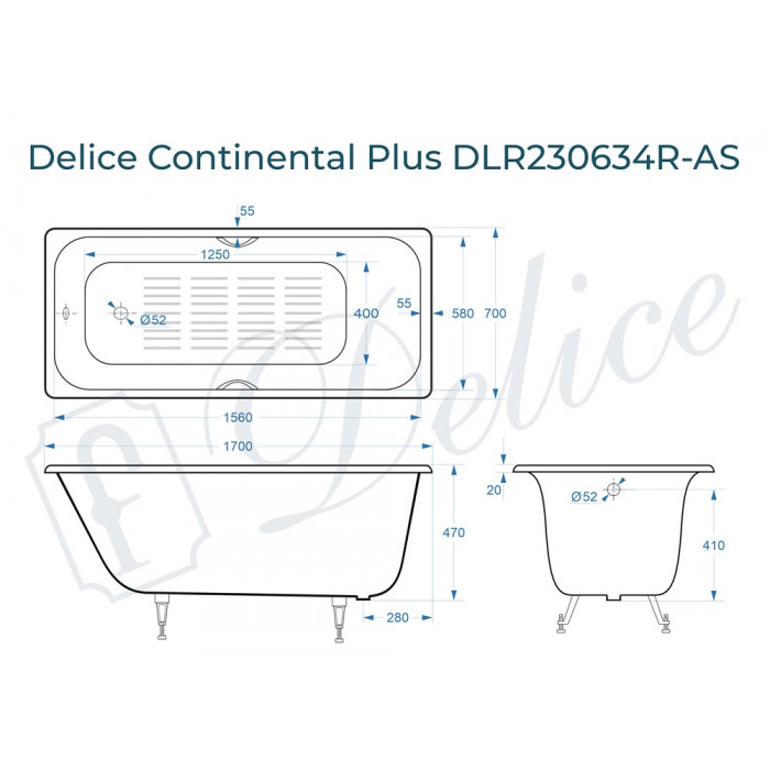 Ванна чугунная Delice Continental PLUS 170х70 с отверстиями под ручки и антискользящим покрытием  DLR230634R-AS в 100Kran: Широкий выбор и доступные цены.