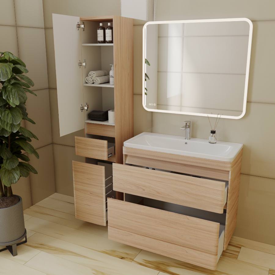 Тумба с раковиной напольная  Style Line  Атлантика 90 Люкс  ясень перламутр PLUS умывальник Атлантик 90 СС-00002218 в 100Kran: Широкий выбор и доступные цены.