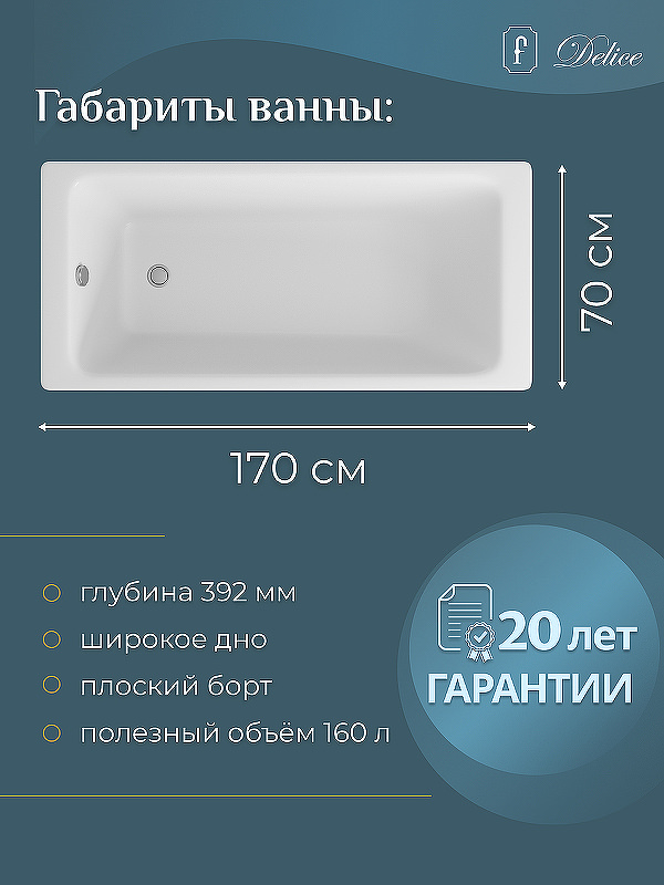 Чугунная ванна Delice Parallel 170x70 DLR_220505R с ручками в 100Kran: Широкий выбор и доступные цены.