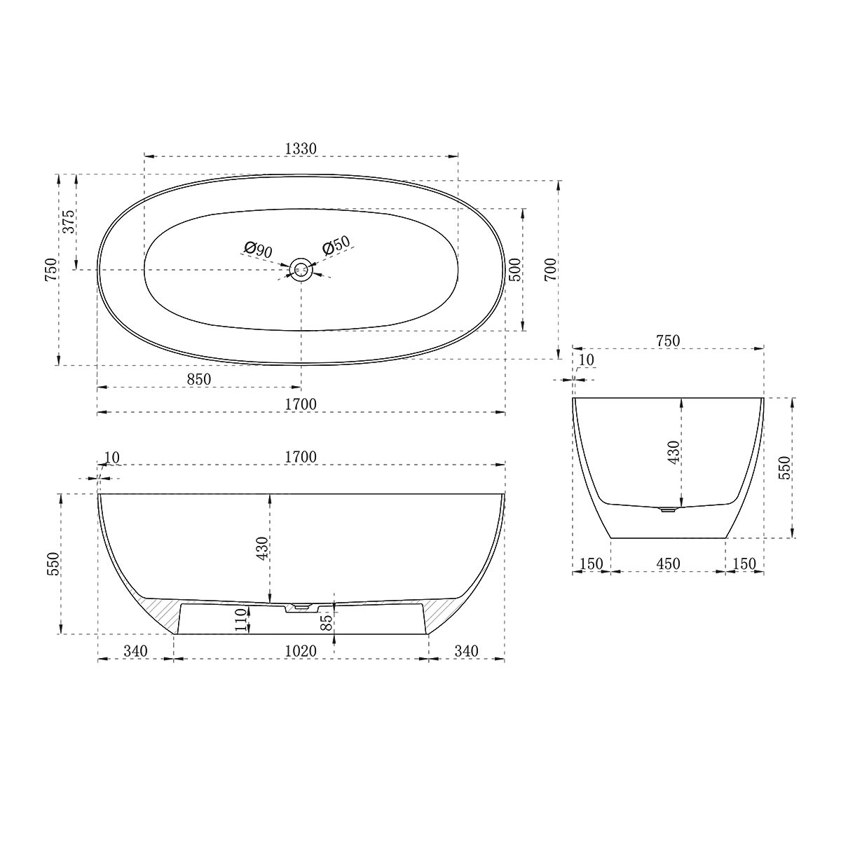 Ванна прозрачная Vincea VBT-6T01B 1700*750*550 цвет черный в 100Kran: Широкий выбор и доступные цены.