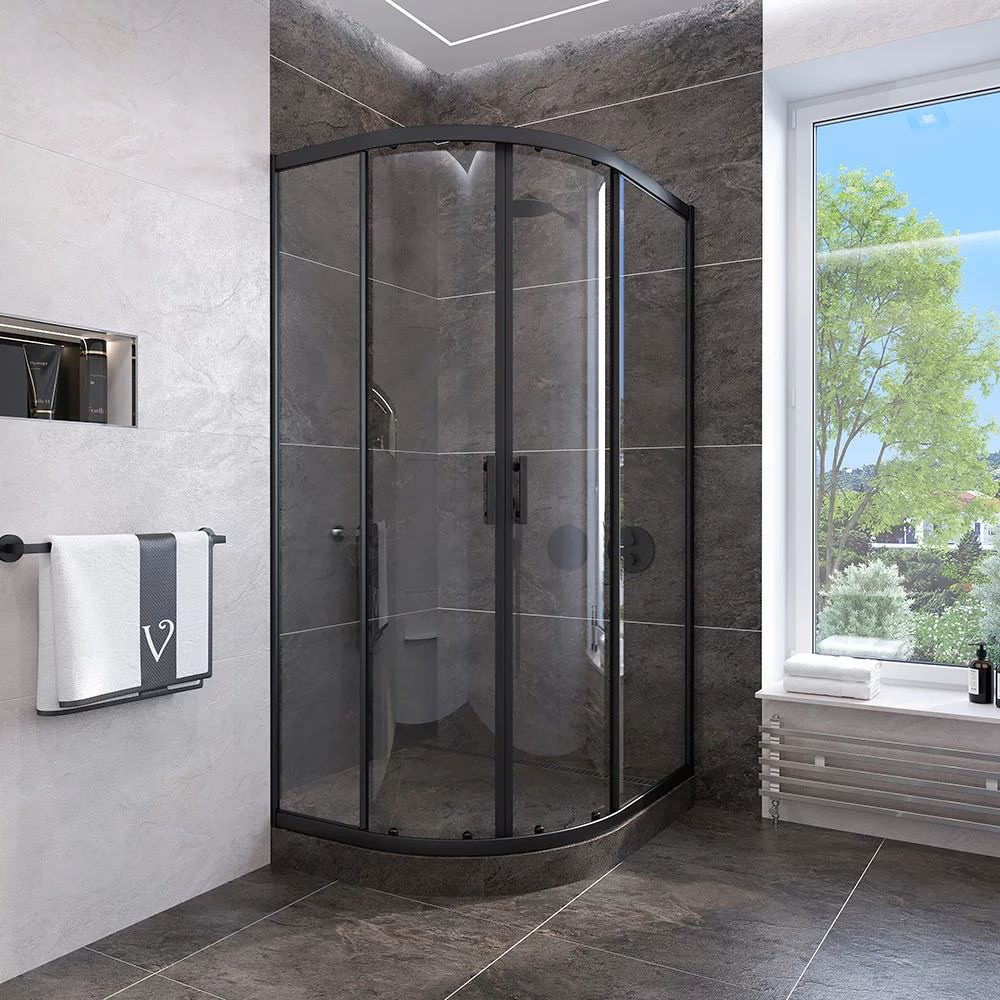 Душевой угол Veconi Rovigo RV-107B, 900x900x1900, черный, стекло прозрачное в 100Kran: Широкий выбор и доступные цены.