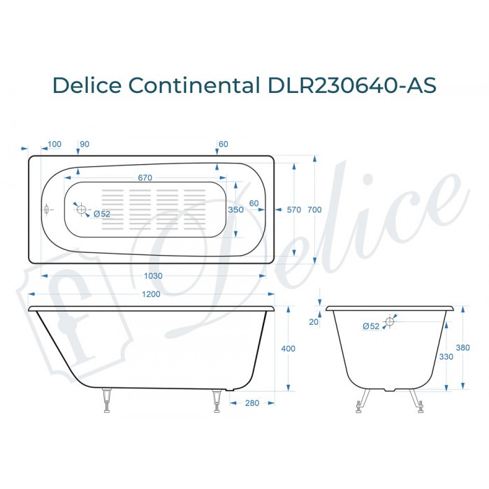 Ванна чугунная Delice Continental 120х70 с антискользящим покрытием DLR230640-AS в 100Kran: Широкий выбор и доступные цены.
