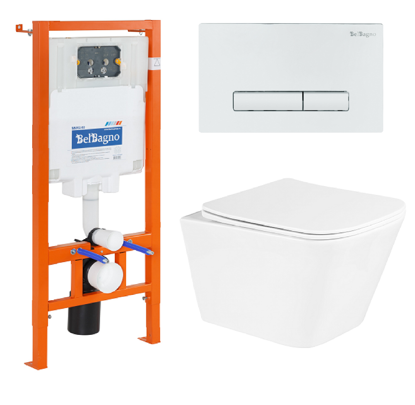 Комплект 3 в 1: Унитаз подвесной с сиденьем BelBagno DUE BB3103CHR/SC + Инсталляция для унитазов BelBagno BB002-80  с кнопкой смыва BB018-GV-BIANCO в 100Kran: Широкий выбор и доступные цены.