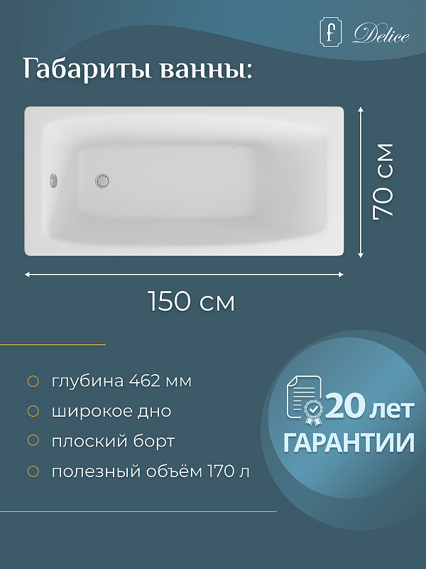 Чугунная ванна Delice Repos 150x70 DLR220507-AS с антискользящим покрытием. в 100Kran: Широкий выбор и доступные цены.