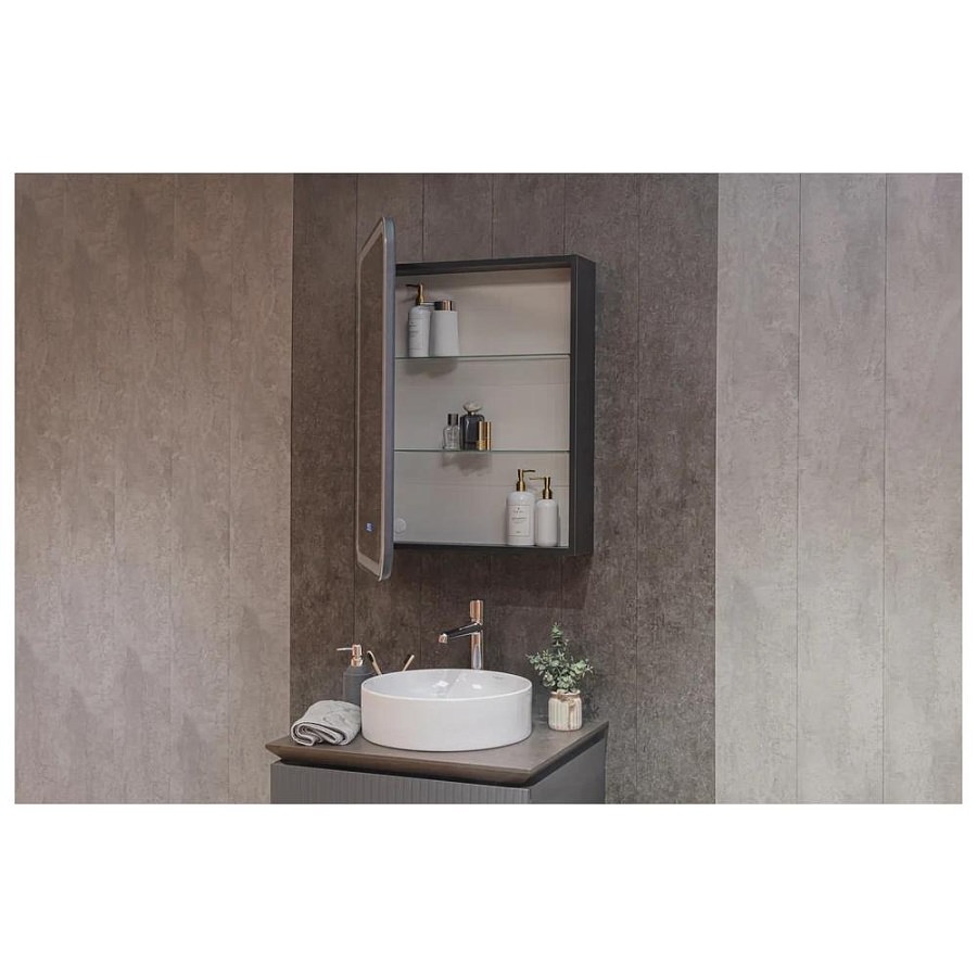 Зеркальный шкаф с подсветкой Silver Mirrors Фиджи-Антрацит 60 х 80 см - 3.2 LED-00003044 левый часы, ТХ, подогрев, сенсорный выключатель создать уют и комфорт, это просто!