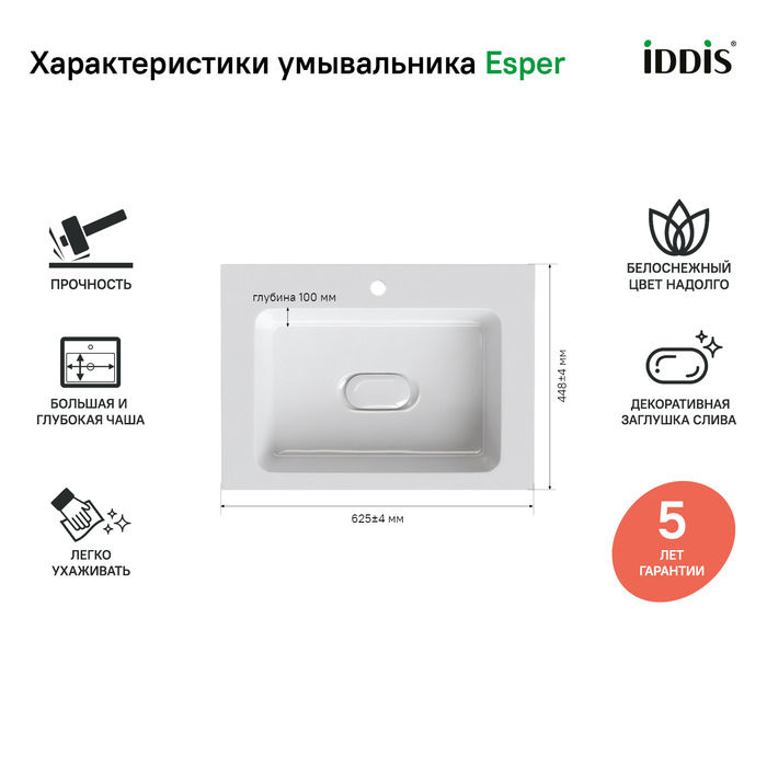 Тумба с раковиной подвесная с ящиком 60 см Esper IDDIS ESP60W0i95K белая в 100Kran: Широкий выбор и доступные цены.