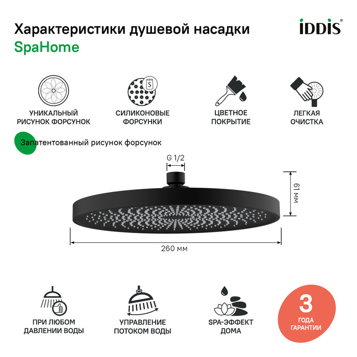 Душевая насадка верхняя круглая SpaHome IDDIS  черная в 100Kran: Широкий выбор и доступные цены.