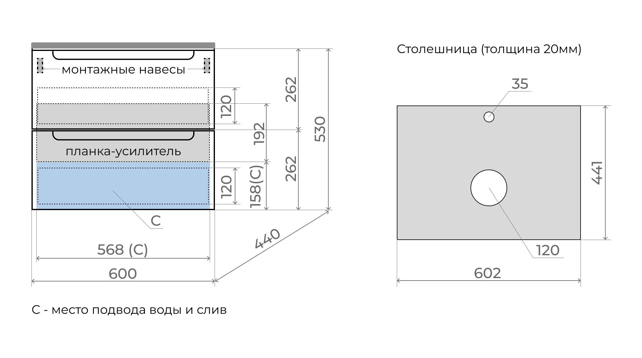 Тумба подвесная Style Line Бали 60 2 ящика со столешницей ЛС-00002337  БЕЛЫЙ СОФТ в 100Kran: Широкий выбор и доступные цены.