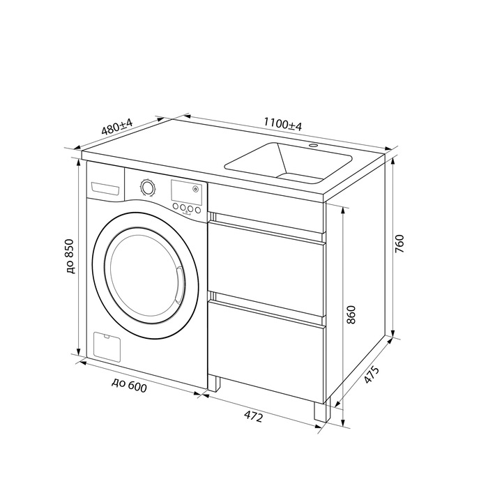 Тумба с раковиной напольная для стиральной машины 110 см правая Optima Home OPH11RBi95K белая в 100Kran: Широкий выбор и доступные цены.