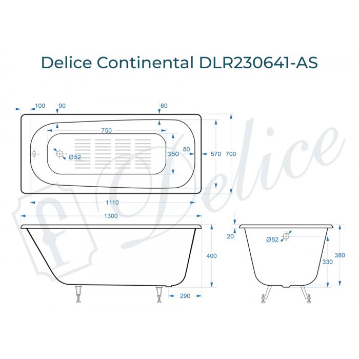 Ванна чугунная Delice Continental 130х70 с антискользящим покрытием DLR230641-AS в 100Kran: Широкий выбор и доступные цены.