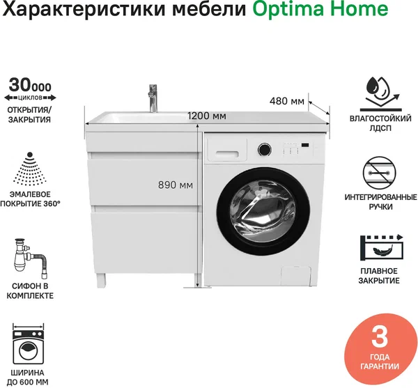 Тумба с раковиной напольная для стиральной машины с ящиками 120 см левая Optima Home OPH12LBi95K белая в 100Kran: Широкий выбор и доступные цены.