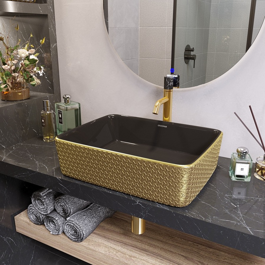 Раковина накладная Grossman GR-3016GB 480*370*130 золото черная в 100Kran: Широкий выбор и доступные цены.