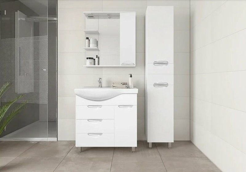 Тумба с раковиной Style Line Жасмин 82 R ЛС-00000527 с бельевой корзиной Белая в 100Kran: Широкий выбор и доступные цены.