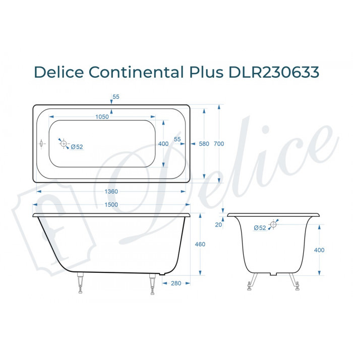 Ванна чугунная Delice Continental PLUS 150х70  DLR230633 в 100Kran: Широкий выбор и доступные цены.