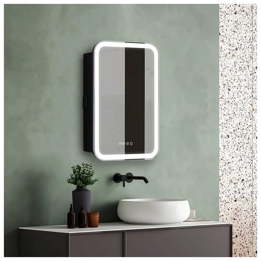 Зеркальный шкаф с подсветкой Silver Mirrors Фиджи BLACK 50 х 75 см  - 4.2 LED-00002728 левый часы, ТХ, сенсорный выключатель создать уют и комфорт, это просто!