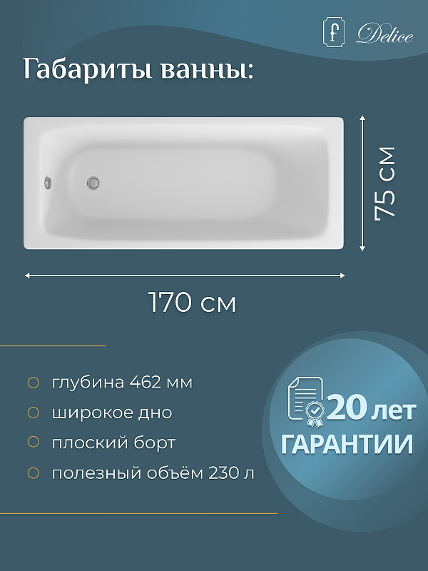 Чугунная ванна Delice Biove 170x75 DLR_220509R с ручками в 100Kran: Широкий выбор и доступные цены.