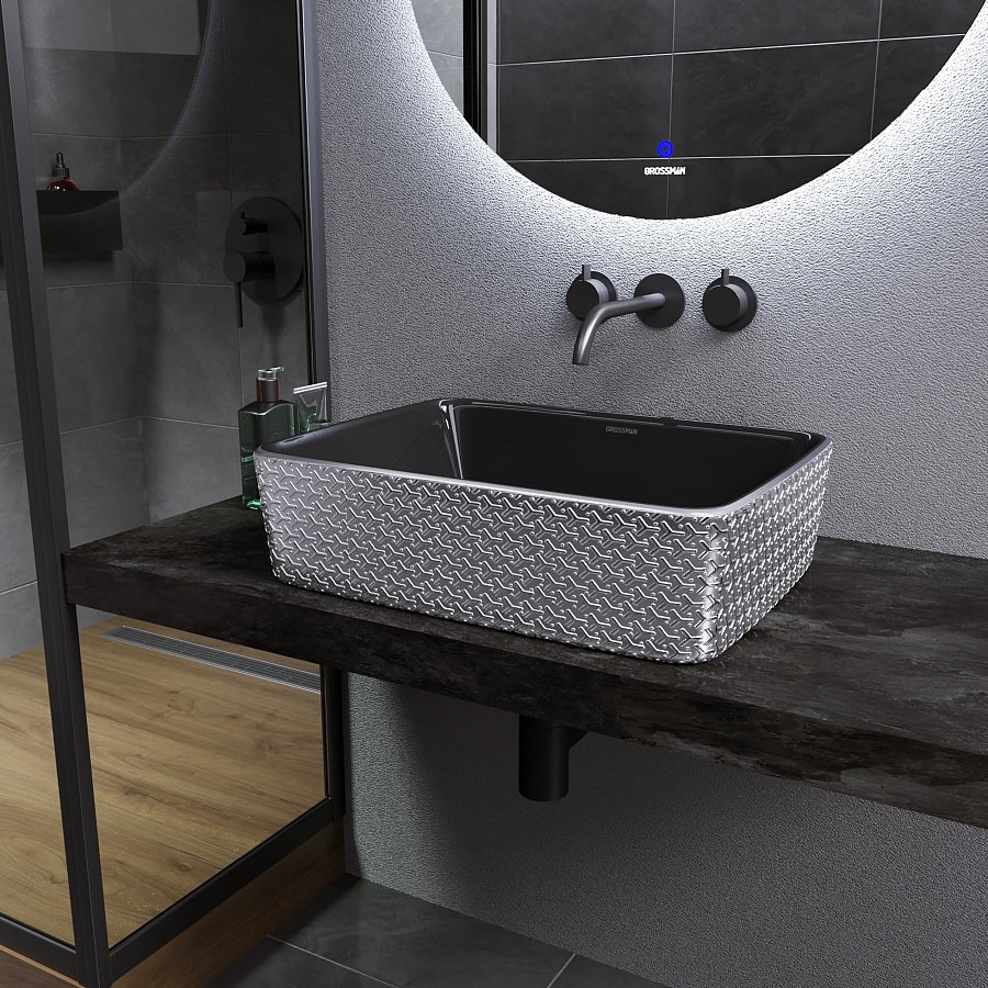 Раковина накладная Grossman GR-3016SB 480*370*130 серебро черная в 100Kran: Широкий выбор и доступные цены.