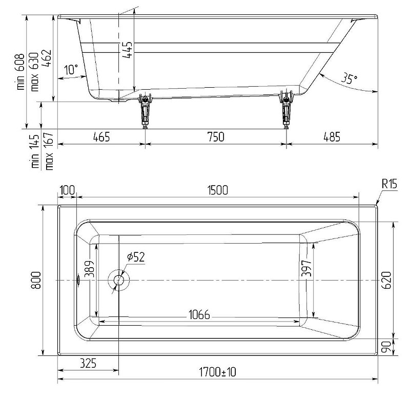 Чугунная ванна Delice Parallel 170x80 DLR220502-AS с антискользящим покрытием в 100Kran: Широкий выбор и доступные цены.