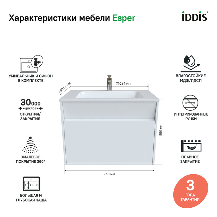 Тумба с раковиной подвесная с ящиком 80 см Esper IDDIS ESP80W0i95K белая в 100Kran: Широкий выбор и доступные цены.